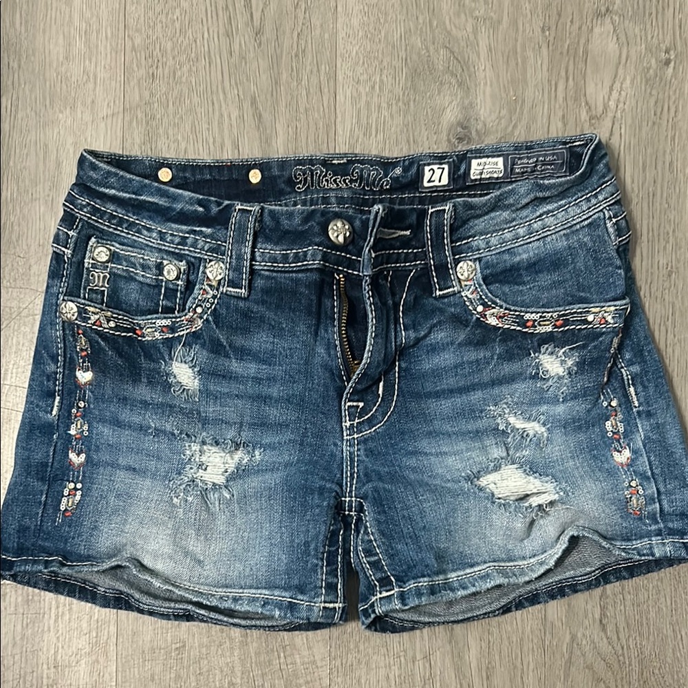 Miss Me Distressed Blue Jean Shorts with Embellishments
